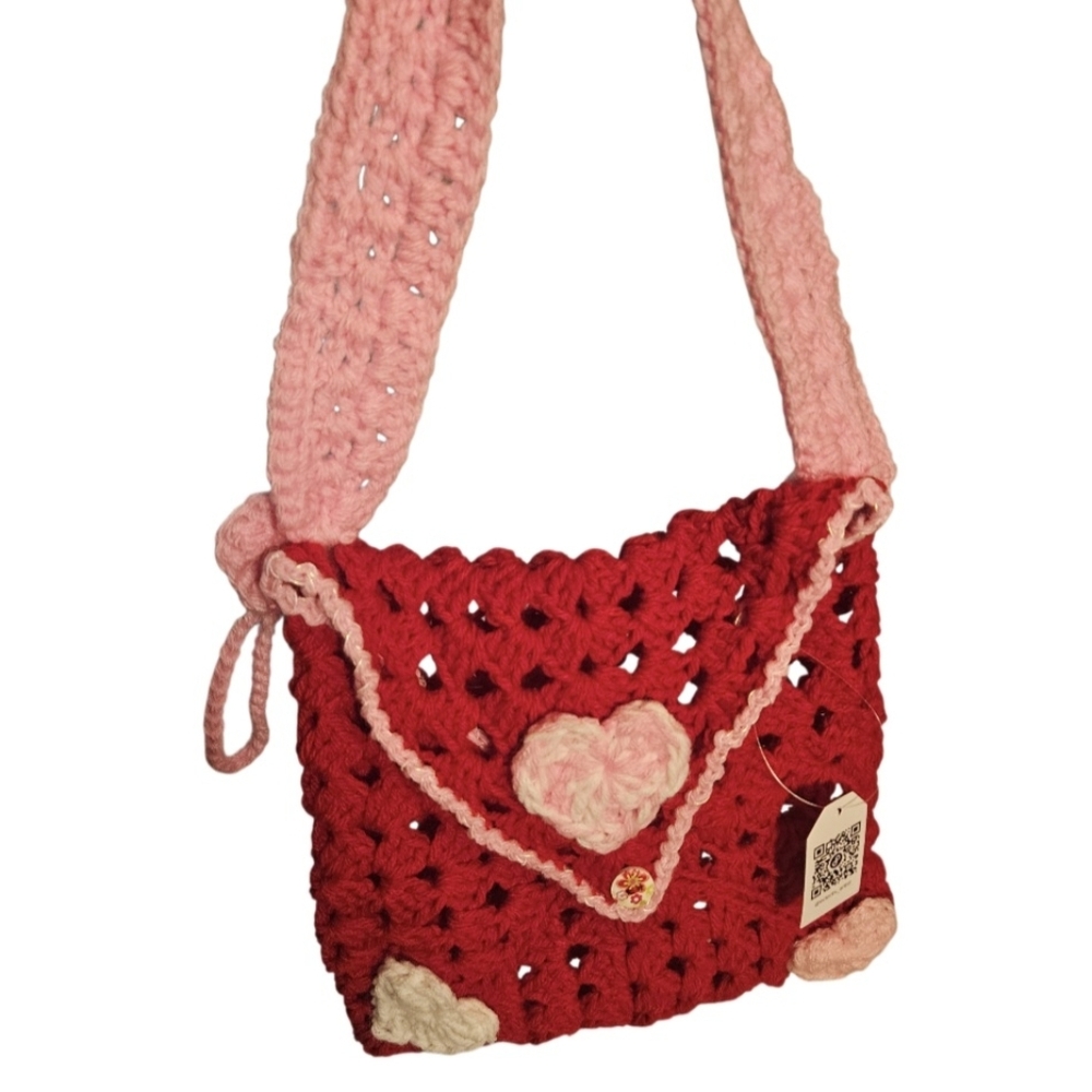 Handmade Granny Square Heart Crochet Handbag Valentine's Day Red Envelope Purse - Picture 13 of 16